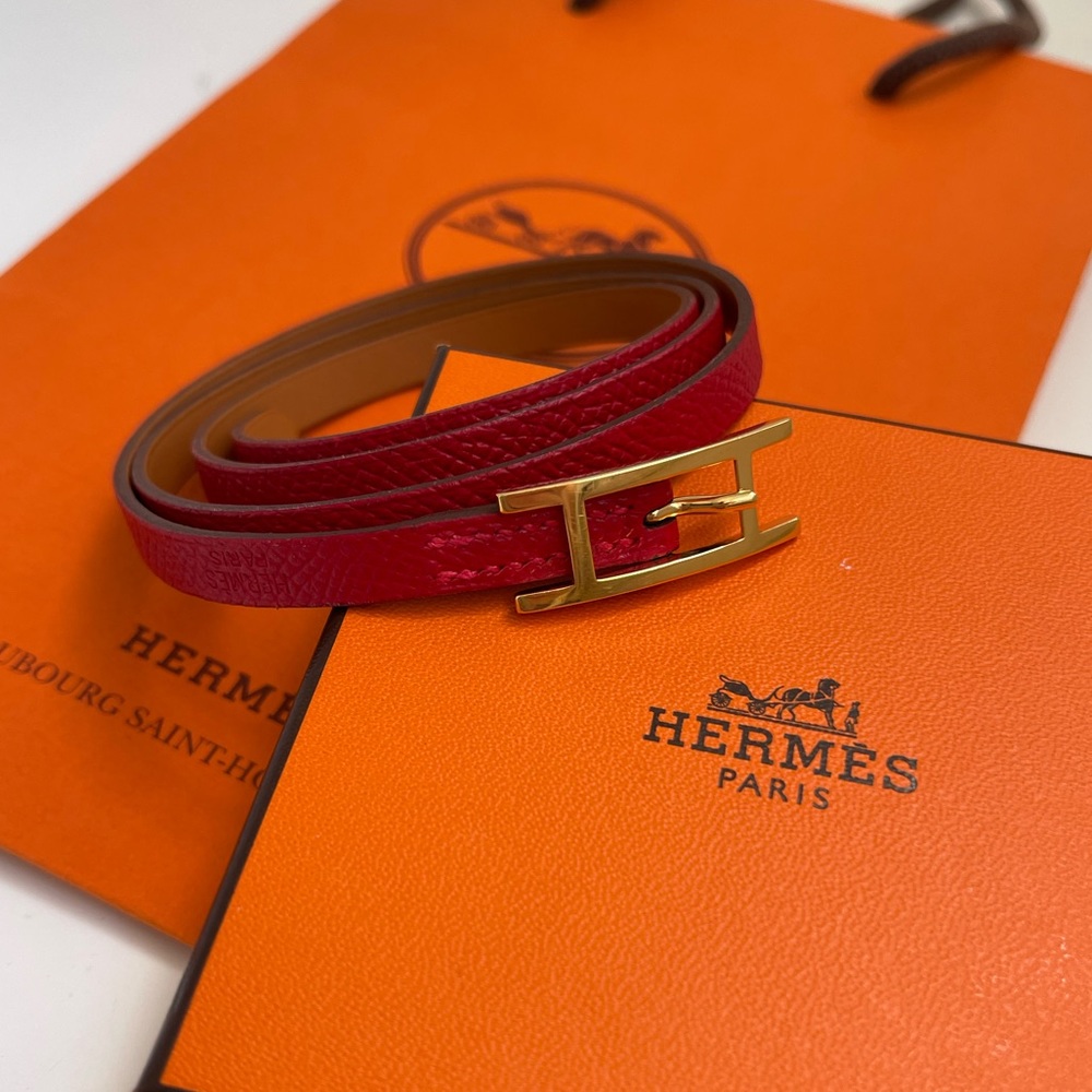 Authentic HERMES Epsom Hapi 3 MM Triple Wrap Bracelet in Rouge Red - New in Box